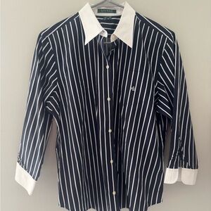 Ralph Lauren Classic Navy Blue & White Stripe Preppy Nautical Button-Up w Logo L